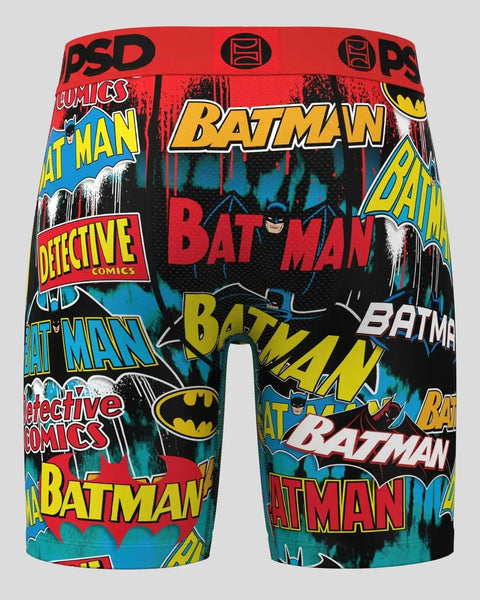 Red and black Batman comic book-themed boxer briefs with yellow and blue logo text and bat symbol designs.