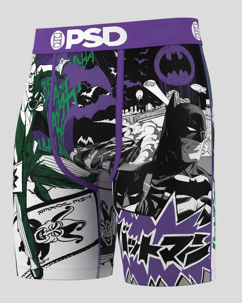PSD boxer briefs with split design: left side features Joker character in green and purple, right side shows Batman in black 