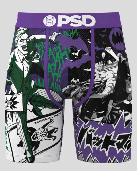 PSD boxer briefs with split design: left side features Joker character in green and purple, right side shows Batman in black 