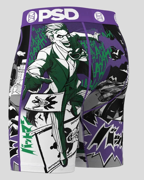 PSD boxer briefs with split design featuring Joker character in green suit on left side and Batman imagery on right side.