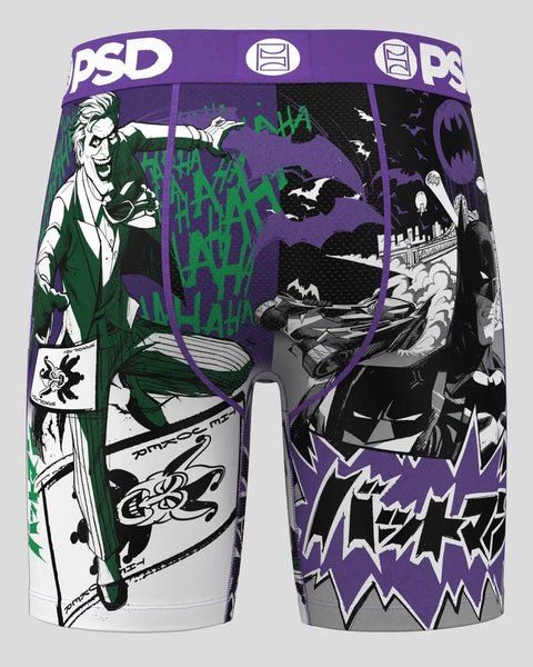 PSD underwear shorts split design with Joker on left side and Batman on right side in purple, green, black and white.