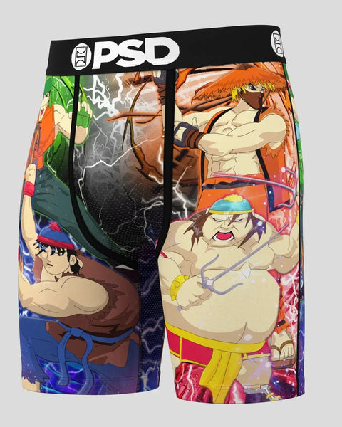PSD South Park Fight boxer briefs with colorful character artwork on black waistband.