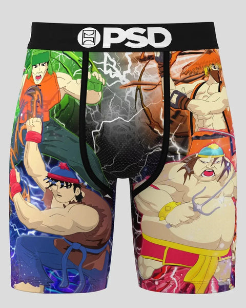 PSD brand boxer briefs featuring South Park characters in fighting poses with lightning effects and black waistband.