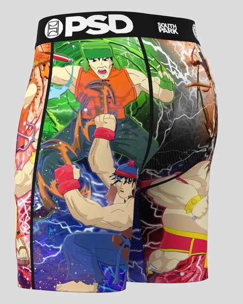 PSD boxer shorts featuring South Park characters in a fighting scene with lightning effects and colorful graphics.
