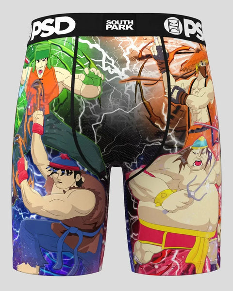 PSD boxer briefs featuring South Park characters in fighting poses with lightning effects and colorful backgrounds.