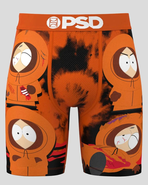PSD orange boxer briefs with South Park characters in winter coats and black explosion graphic in center.