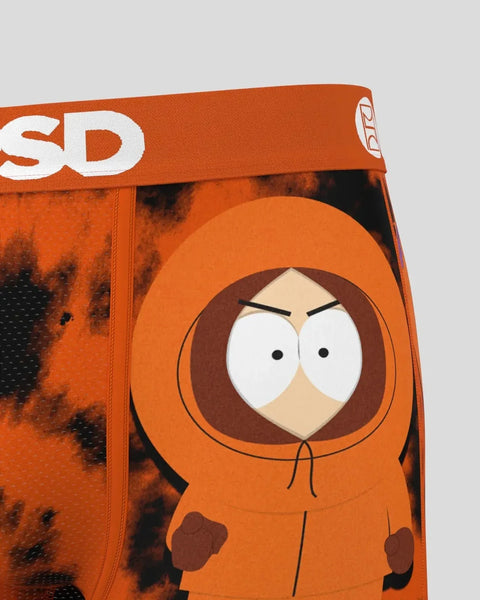 Orange underwear waistband with South Park character Kenny in orange parka hood with white eyes and brown details, partial vi