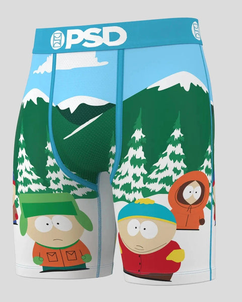 PSD underwear featuring South Park characters in snowy mountain landscape with blue waistband.