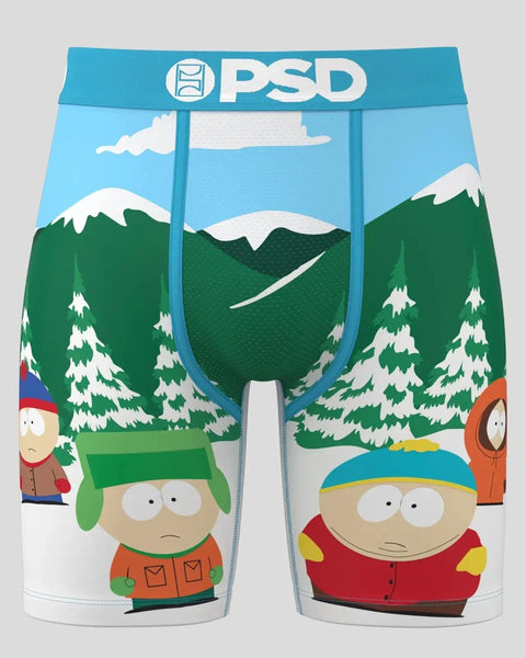 Blue PSD boxer briefs featuring South Park characters in a snowy mountain landscape with snow-capped peaks and evergreen tree