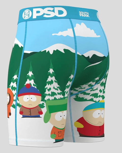 PSD boxer briefs featuring South Park characters in a snowy mountain landscape with blue waistband.