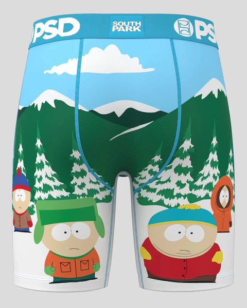 Light blue underwear with South Park characters and mountain landscape design on front.