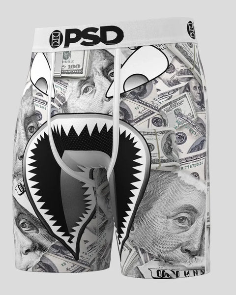 PSD underwear with money pattern and graphic monster mouth design on white waistband.