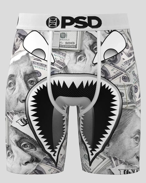 PSD shorts with monster mouth graphic and dollar bill pattern throughout.