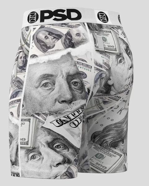 PSD brand underwear with all-over black and white U.S. currency and historical figure portrait print.