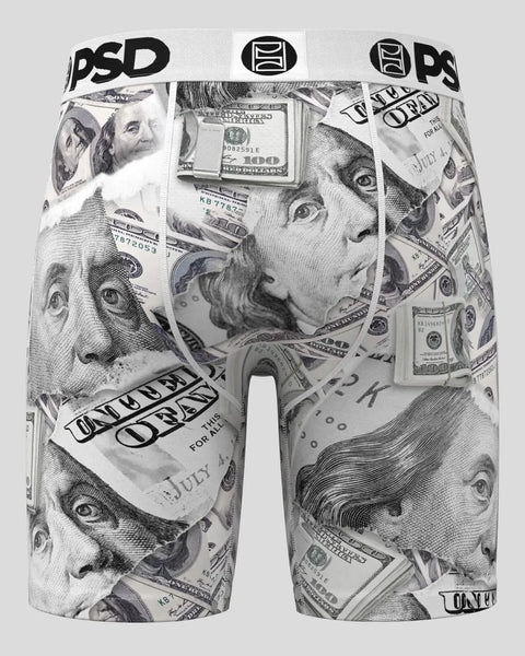 PSD white boxer briefs with black and white dollar bill and portrait print throughout.