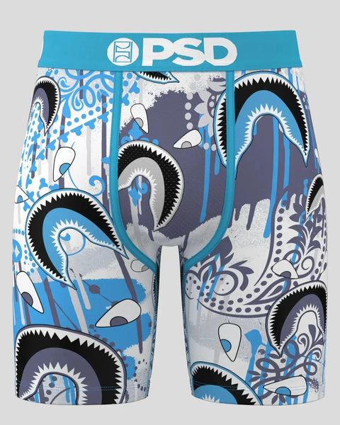 PSD Warface Bandana Drip shorts with blue waistband, featuring black and white shark mouth graphic print throughout.