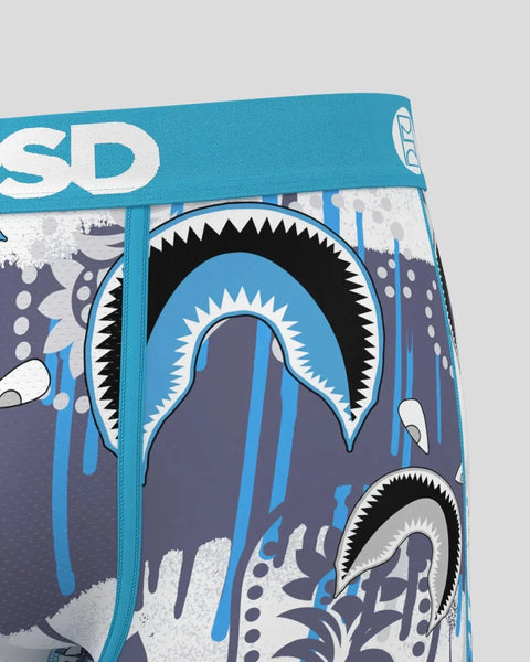 Teal bandana with large shark mouth design featuring black teeth and white accents, blue waistband with 