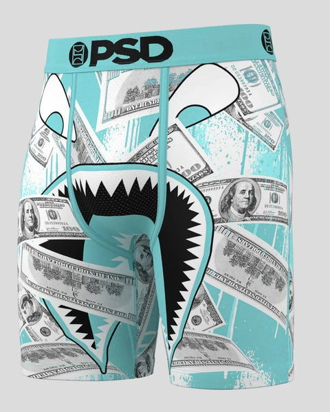 PSD turquoise and white boxer briefs with dollar bill print and monster face graphic with sharp teeth.