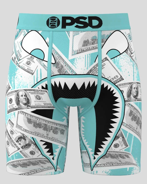 PSD turquoise and white boxer shorts with cartoon monster face design and dollar bill graphics.