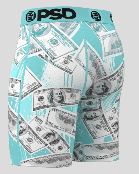 PSD brand turquoise and white boxer shorts with dollar bill and portrait print throughout.
