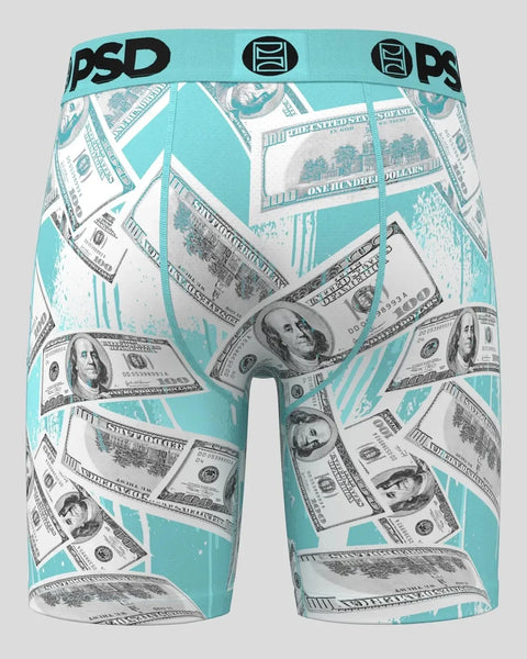 Turquoise boxer briefs with dollar bill print, PSD waistband with envelope logo, white gusset.