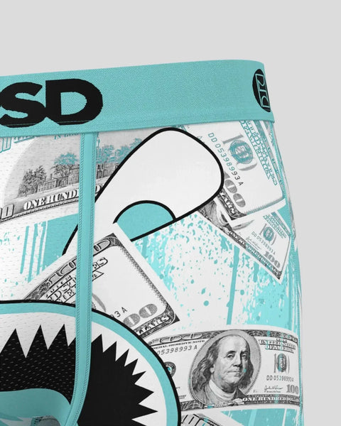 Turquoise and white underwear with cartoon money graphic, dollar bills, and shark-like design with black waistband.