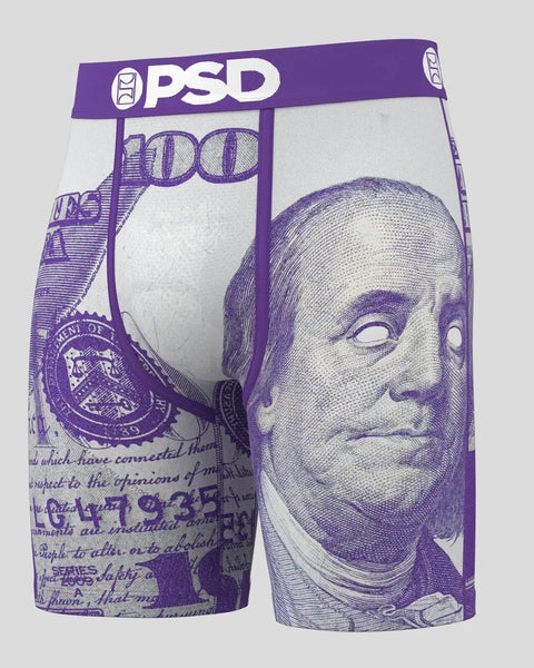 Purple and white PSD boxer briefs with $100 bill engraving design and text graphics.