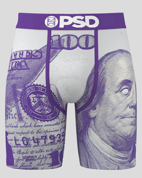 Purple and white PSD boxer briefs with currency note engraving design and purple waistband.