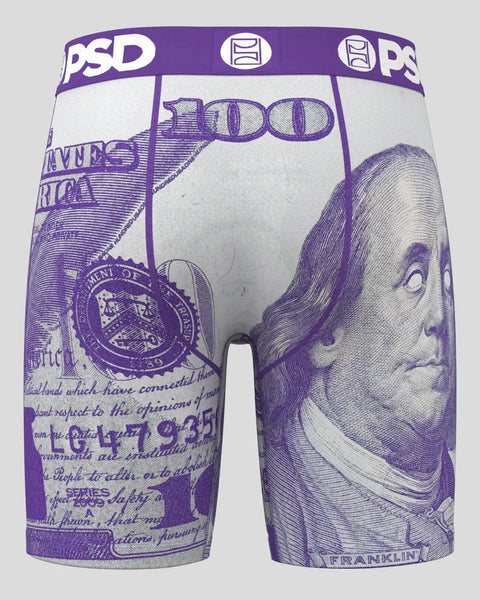 Purple and white PSD boxer briefs with $100 bill graphics and portrait design.