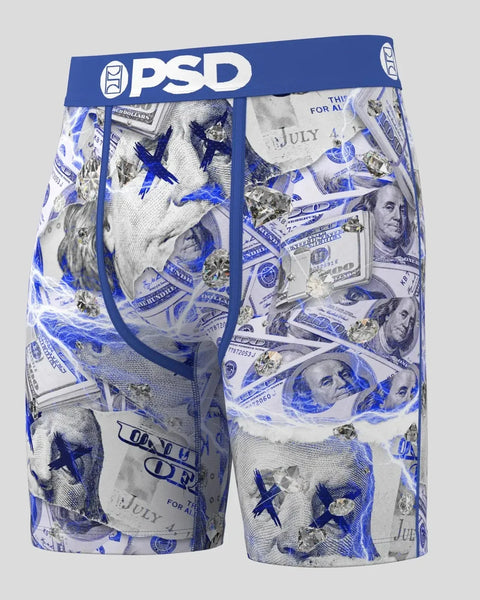 PSD boxer briefs with blue and white dollar bill and portrait print pattern throughout.