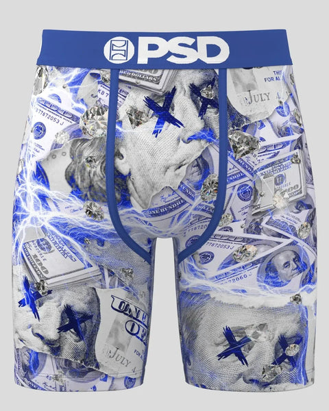 Blue and white PSD boxer briefs with dollar bill and portrait print pattern and blue elastic waistband.