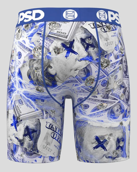 Men's boxer briefs with blue and white all-over print featuring dollar bills, portraits, and star graphics with PSD branded w
