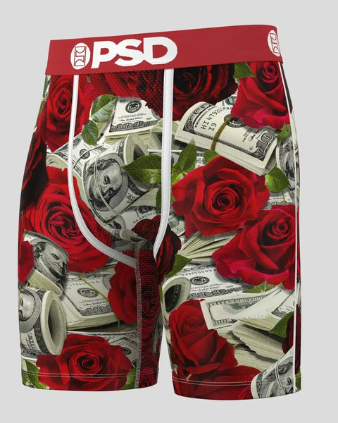 PSD boxer briefs with red roses and stacked dollar bills pattern on white waistband.
