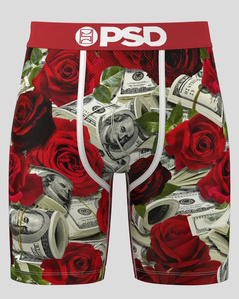 PSD men's boxer briefs with red roses and dollar bill pattern print throughout.