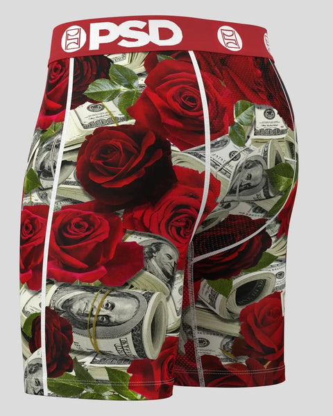 Red underwear with dollar bills and roses print, PSD waistband, white side seams.