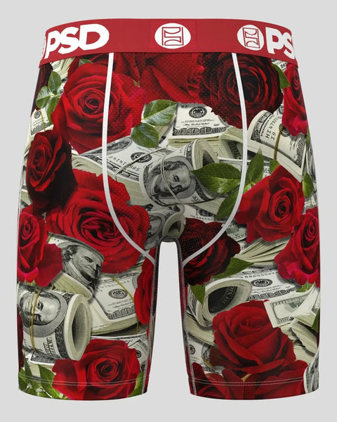 Red and black boxer briefs with red roses and dollar bill pattern, white waistband with PSD logo.
