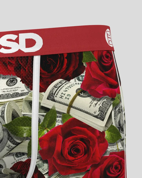 Red roses and rolled dollar bills printed on red waistband underwear with 