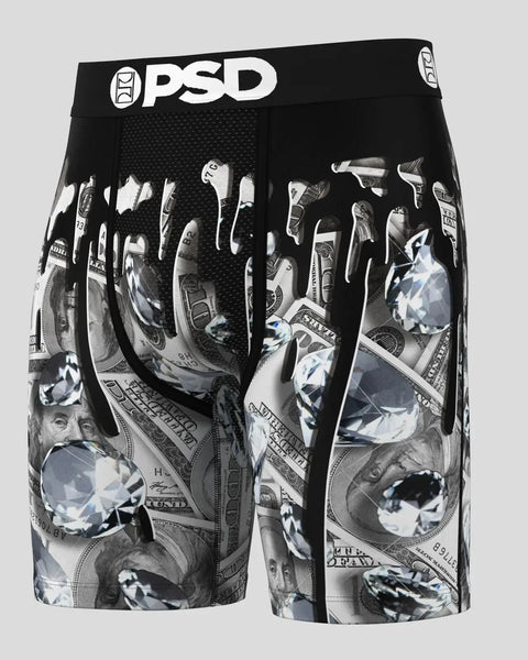 Black PSD boxer briefs with all-over dollar bill and diamond graphic print and mesh ventilation panel.