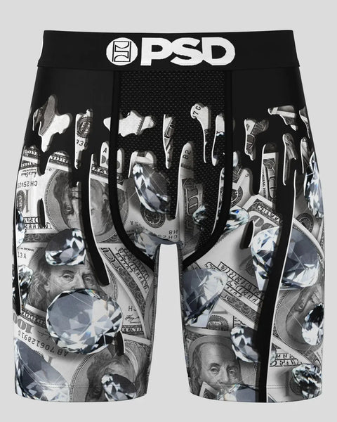 Black PSD boxer briefs with cash and diamond drip pattern throughout.