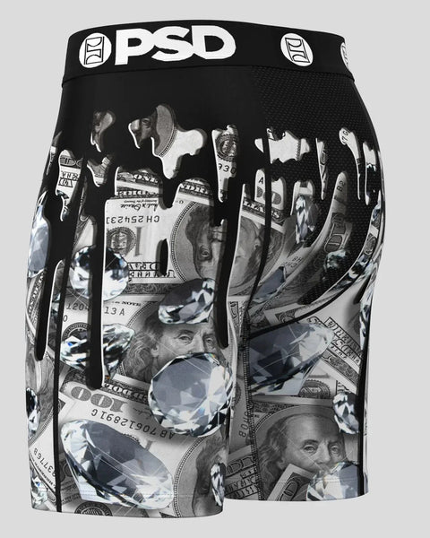 Black PSD boxer briefs with all-over dollar bill and currency portrait print design.