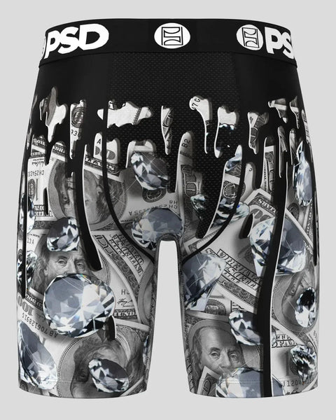Black PSD boxer briefs with all-over dollar bill and gemstone print, elastic waistband with logo.