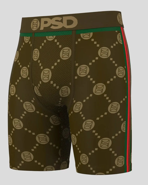 Brown boxer shorts with PSD waistband, repeating emblem pattern, and green and red side stripe.