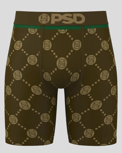 Brown boxer briefs with all-over PSD logo and diamond pattern, green waistband, mesh center panel.