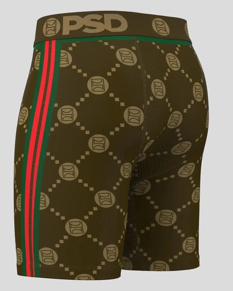 Brown PSD boxer briefs with tan logo pattern, green and red side stripe, and brown waistband.