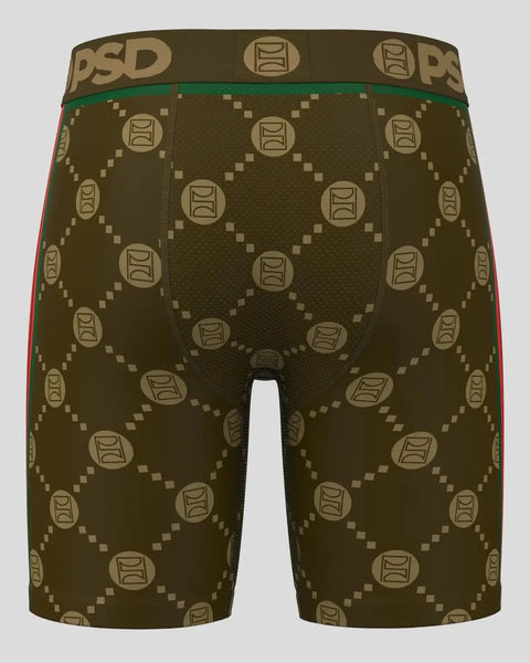 Brown PSD boxer briefs with tan emblem pattern and green waistband.