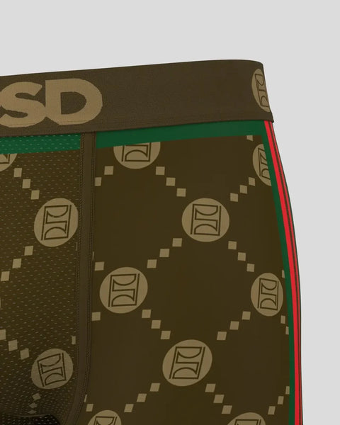 Brown boxer brief with geometric emblem pattern, green waistband trim, and red side stripe detail.