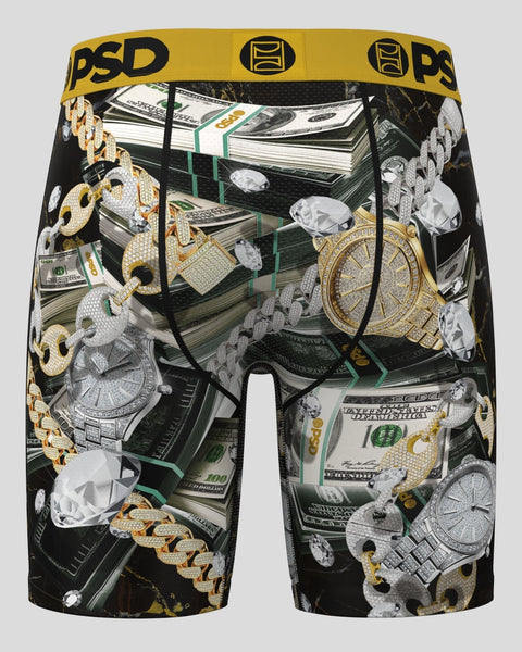 Black PSD boxer briefs with gold and silver jewelry, diamonds, and cash print on yellow waistband.