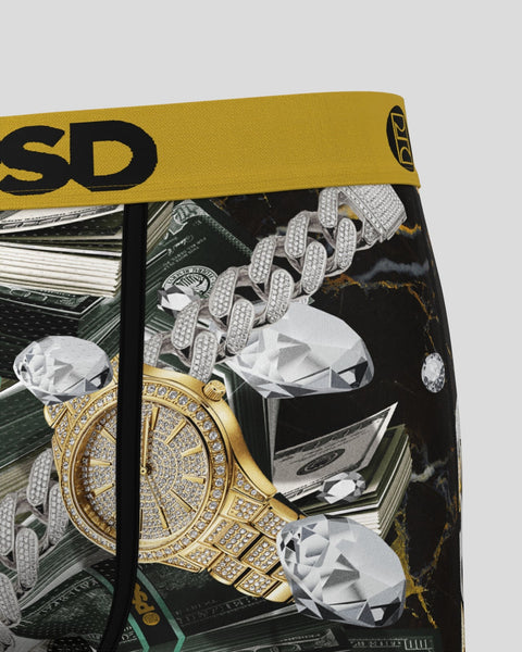 Boxer briefs with yellow waistband and black fabric featuring gold watches, diamonds, cash, and rope chain graphics.