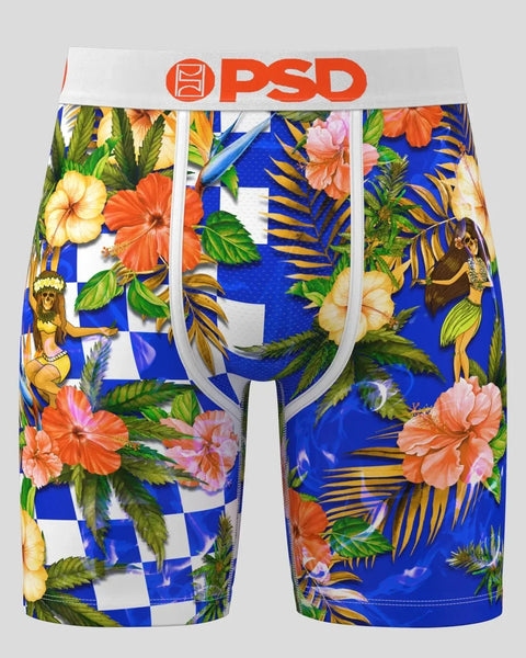 PSD brand boxer briefs with blue and white checkered pattern mixed with tropical flowers, palm fronds, and illustrated figure