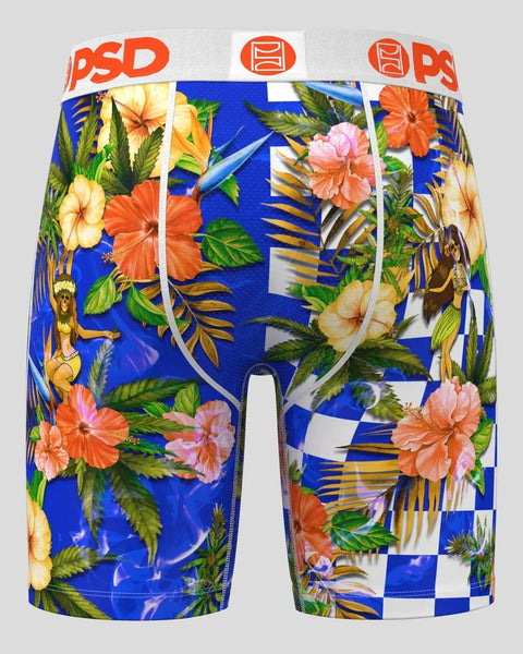 Blue boxer briefs with tropical floral and geometric check pattern, orange PSD waistband with logo.